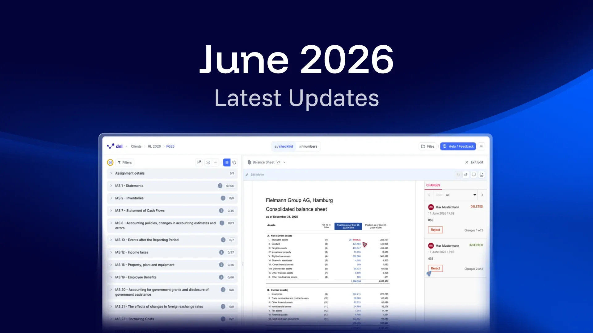 Release announcement graphic on a dark blue background with the headline "June 2026" above the words "Latest Updates", and below it a screenshot of the dnl workspace showing an IAS disclosure checklist on the left, a "Balance Sheet V1" document open in edit mode in the middle, and a "Changes" panel on the right listing a deleted and an inserted value by Max Mustermann.