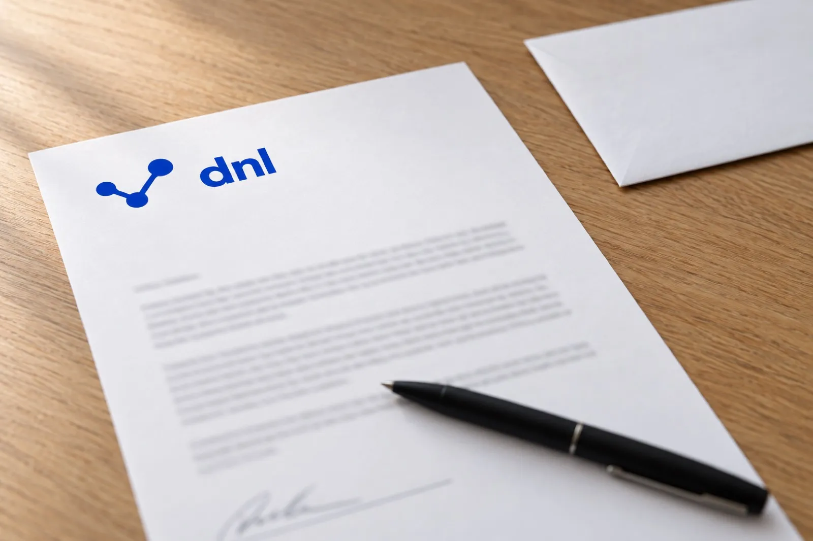 A signed letter on dnl letterhead resting on a wooden desk, with a ballpoint pen across it and a sealed envelope alongside.
